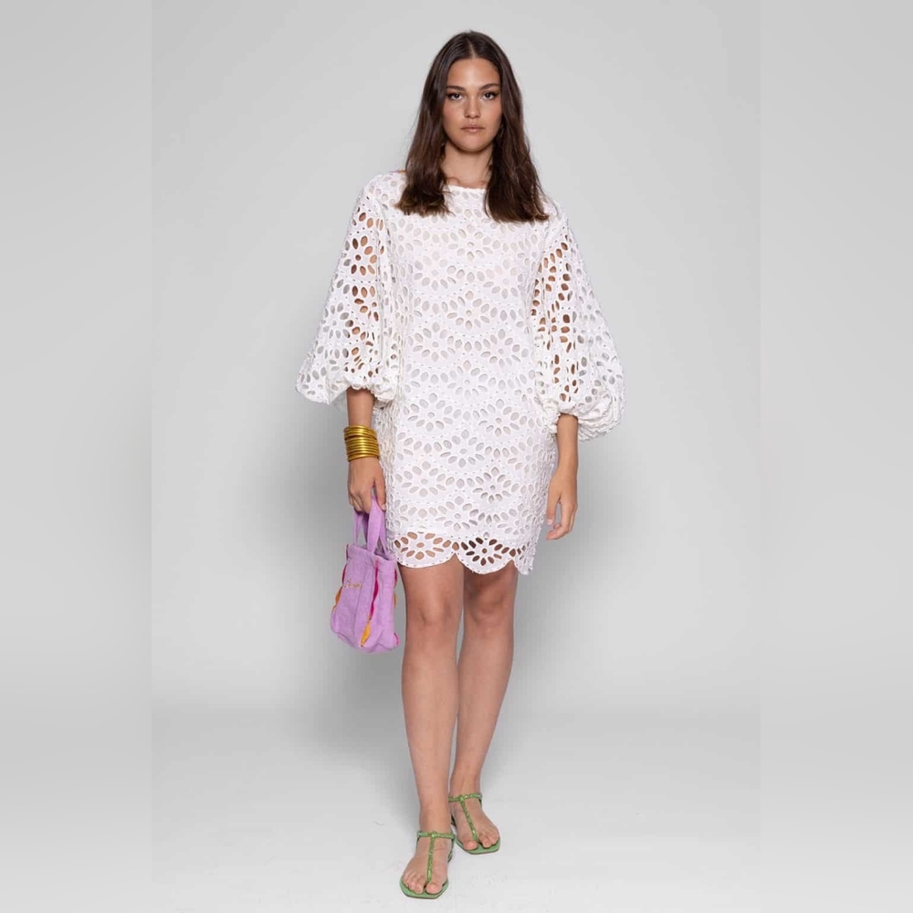 Sundress Edo Cotton Eyelet Babydoll Mini Dress V Plunging Neckline Ric Rac Trim - Picture 4 of 16
